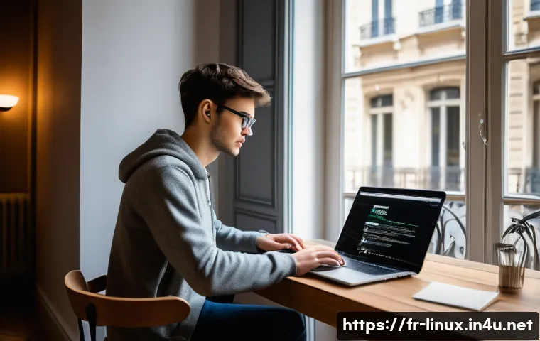 리눅스 필기 시험에서 자주 실수하는 부분 - A modern French student sitting at a sleek wooden desk in a cozy Parisian apartment, focused intentl...