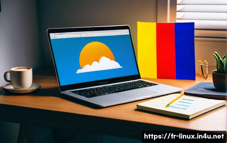 리눅스 자격증 취득을 위한 추천 학습 자료 - A cozy home office setup for a French Linux learner, featuring a modern laptop displaying a Linux te...
