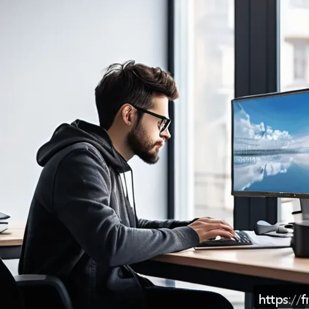 리눅스와 네트워크관리사 병행 학습법 - A modern tech workspace showing a young adult Linux beginner sitting at a sleek desk with dual monit...