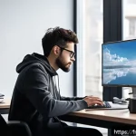 Home 20 리눅스와 네트워크관리사 병행 학습법 - A modern tech workspace showing a young adult Linux beginner sitting at a sleek desk with dual monit...