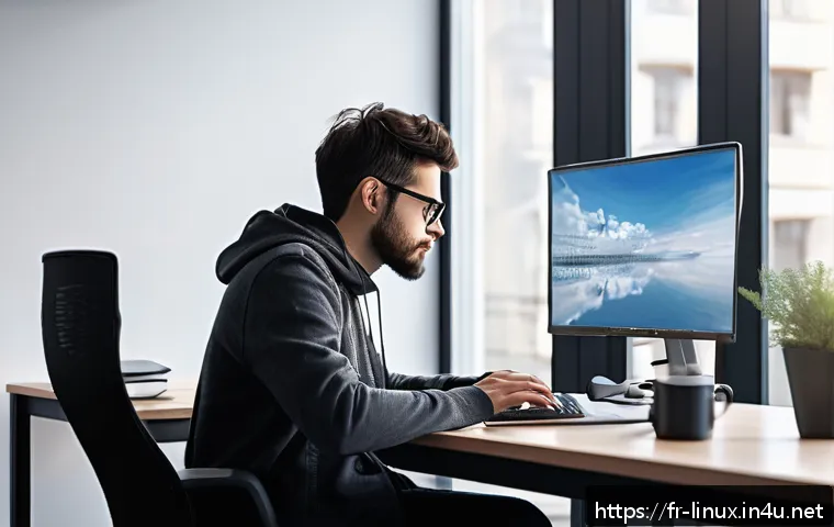 리눅스와 네트워크관리사 병행 학습법 - A modern tech workspace showing a young adult Linux beginner sitting at a sleek desk with dual monit...