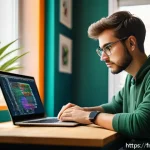 Home 19 리눅스 실기 시험 합격률을 높이는 핵심 비법 - A focused young adult sitting at a modern desk in a cozy home office, intently working on a laptop d...