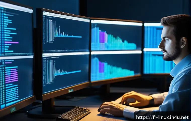리눅스 실무에서 요구되는 필수 기술 정리 - A modern Linux system administrator working intently at a sleek, dimly lit workstation filled with m...