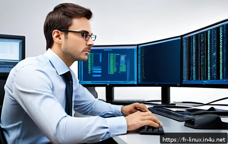 리눅스 실기 시험 대비 네트워크 관리 공부법 - A detailed and realistic Linux system administrator in a modern office environment, focused on confi...