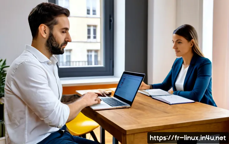Home 17 리눅스 자격증 취득 후 프로젝트 관리 경험 - Photorealistic French IT project manager in a bright modern Paris coworking office, reviewing a Linu...